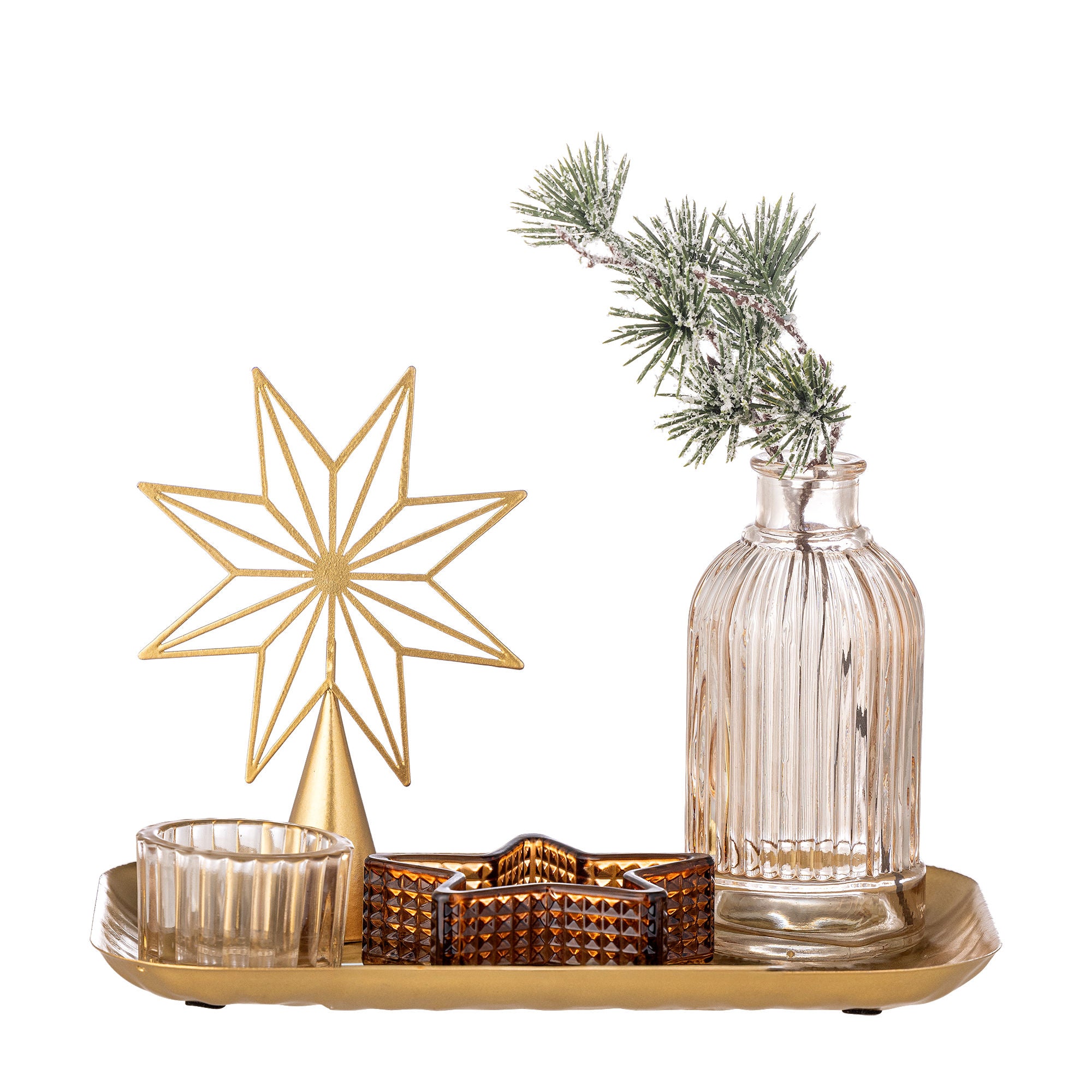 Bloomingville Sanga tray w/pine fate, gold, glass