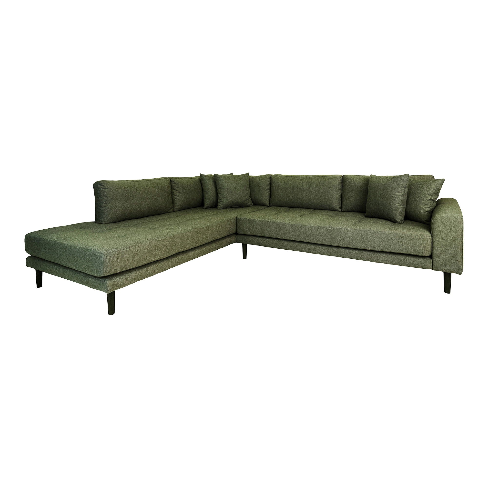 left-facing in olive green with four cushions and black wooden legs