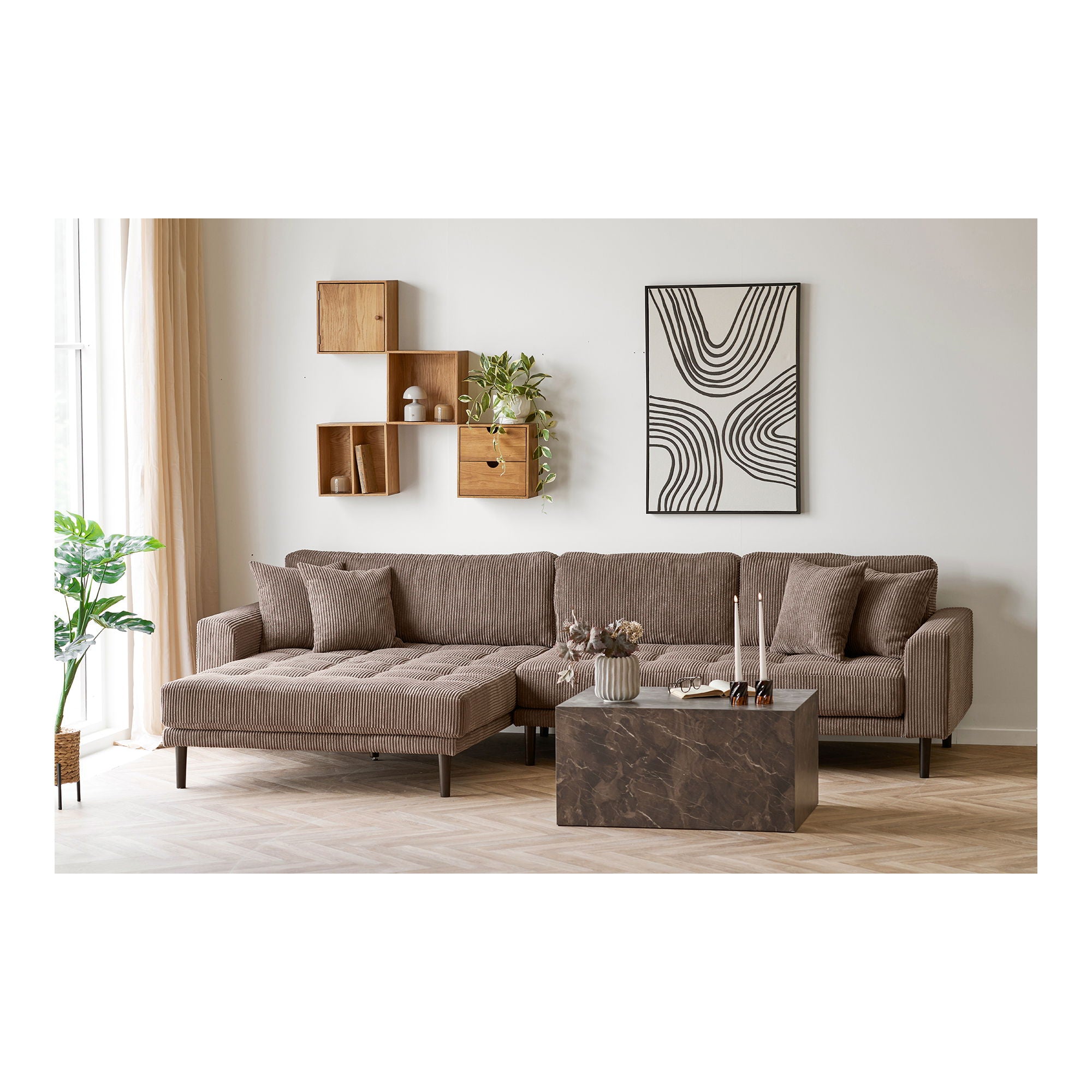 Lido Lounge Sofa - Lounge Sofa, left -wing in brown velvet with four pillows and black wooden legs HN1423