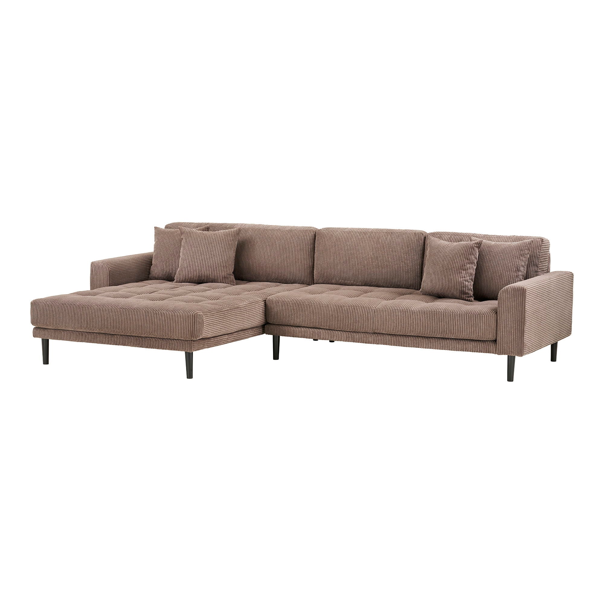 Lido Lounge Sofa - Lounge Sofa, left -wing in brown velvet with four pillows and black wooden legs HN1423