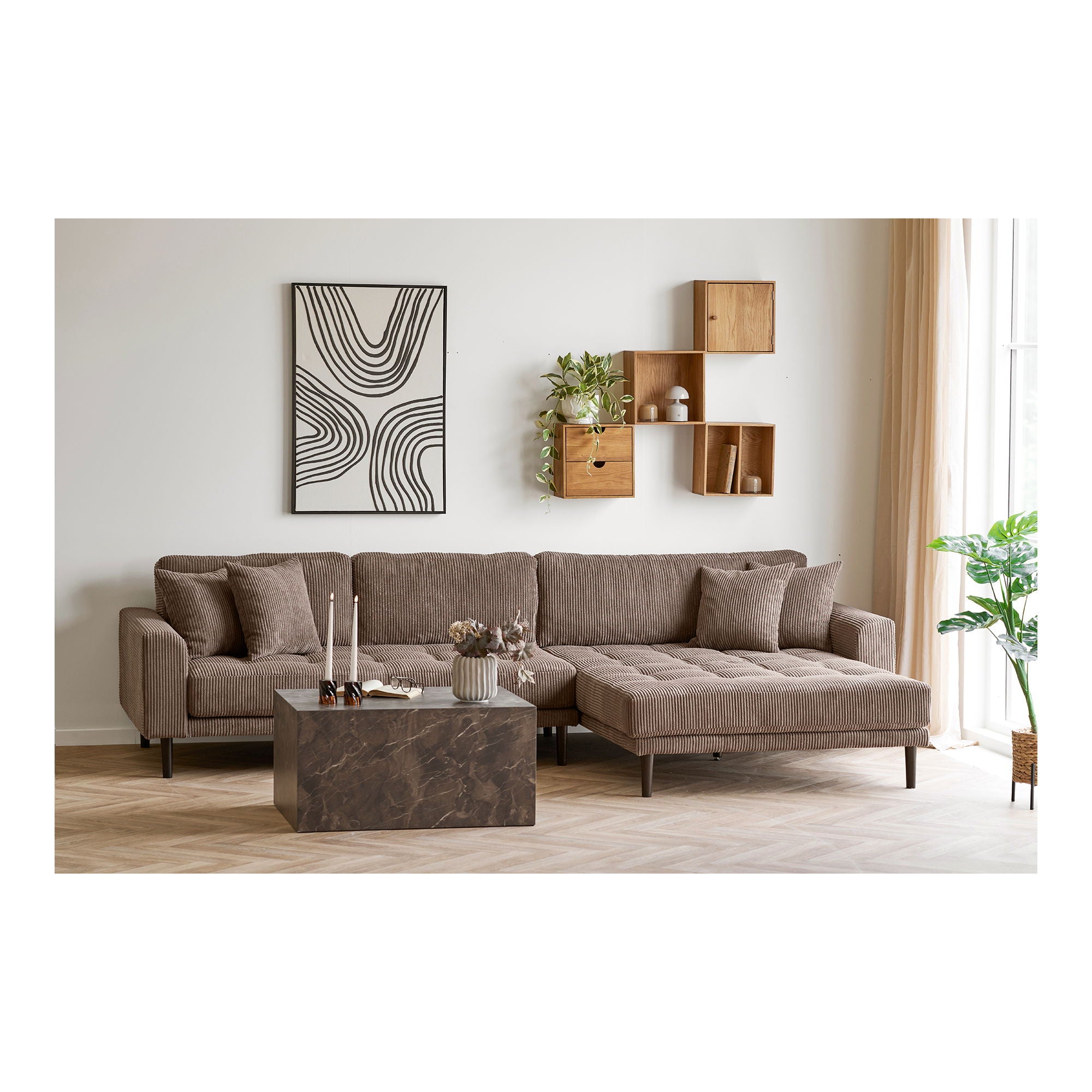 Lido Lounge Sofa - Lounge sofa, right -wing in brown velvet with four pillows and black wooden ben HN1423
