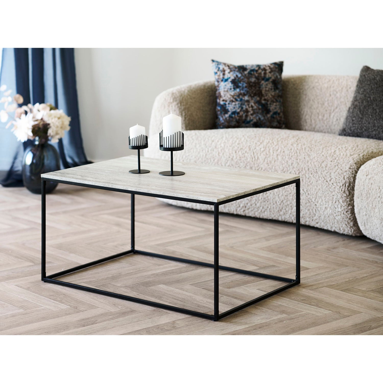Vita Coffee Table - Coffee Table, Travertine Look, Black Frame 90x60x45 cm