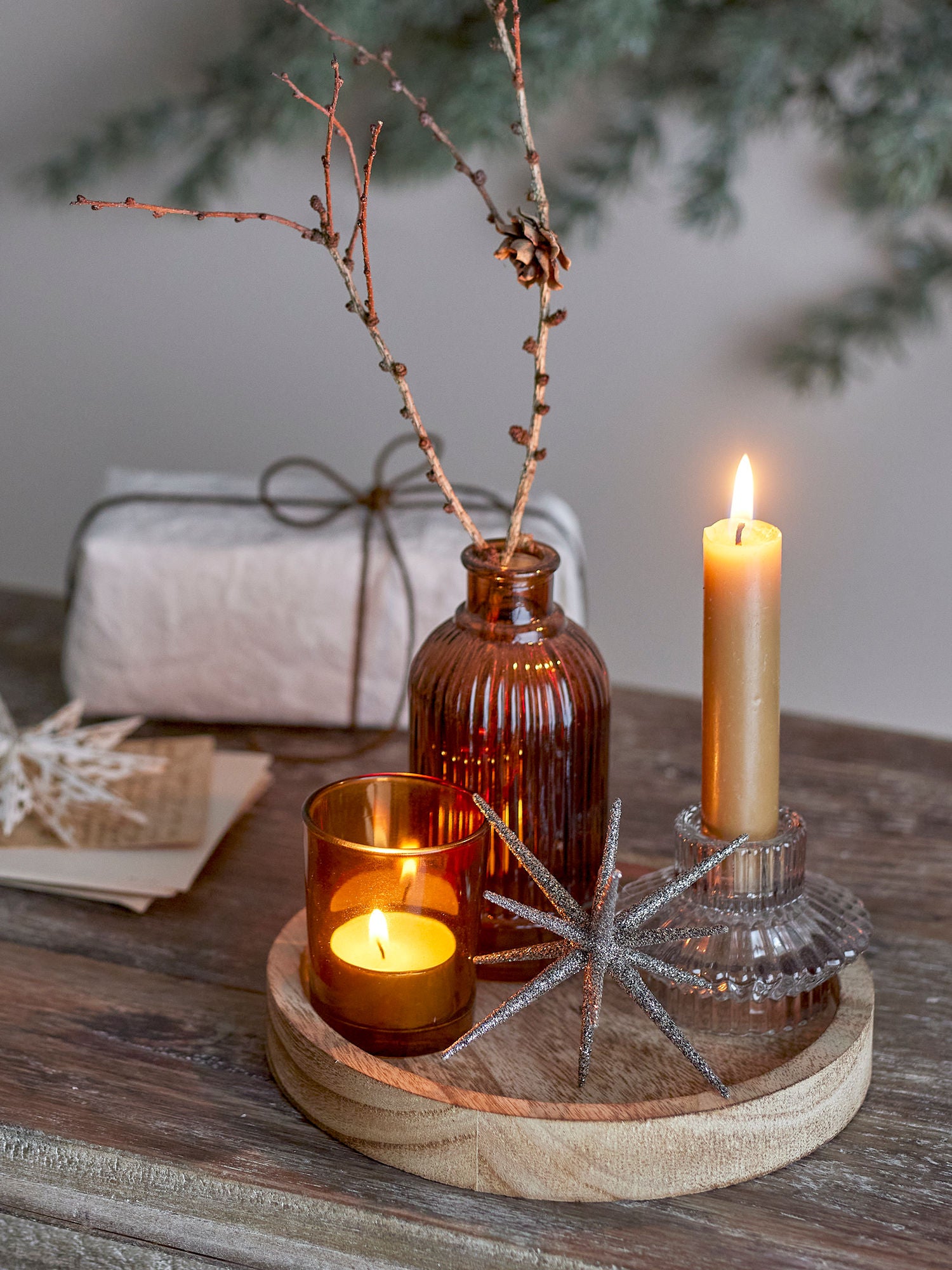 Bloomingville Sanga tray w/pine fate, gold, glass