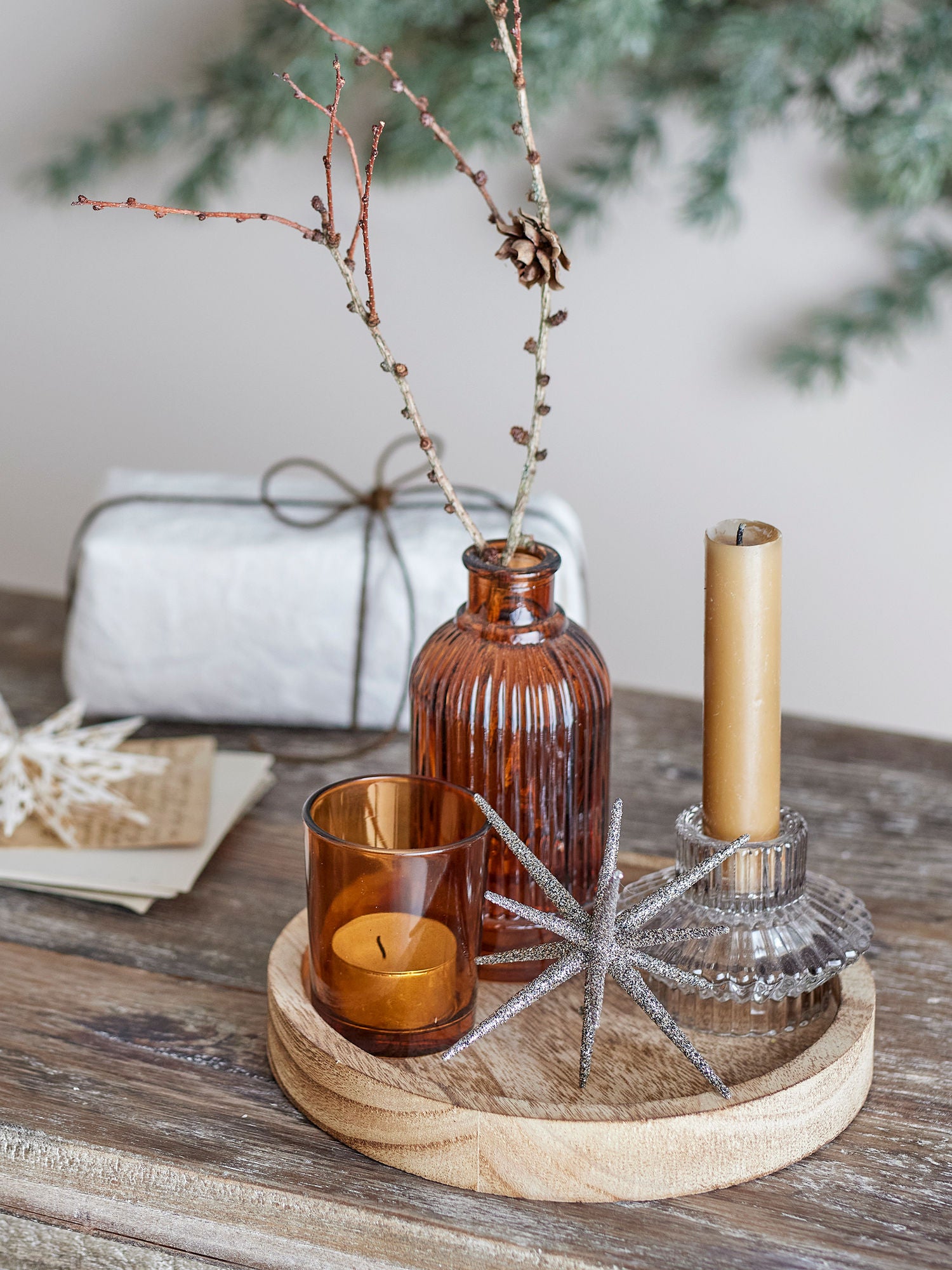 Bloomingville Sanga tray w/pine fate, gold, glass