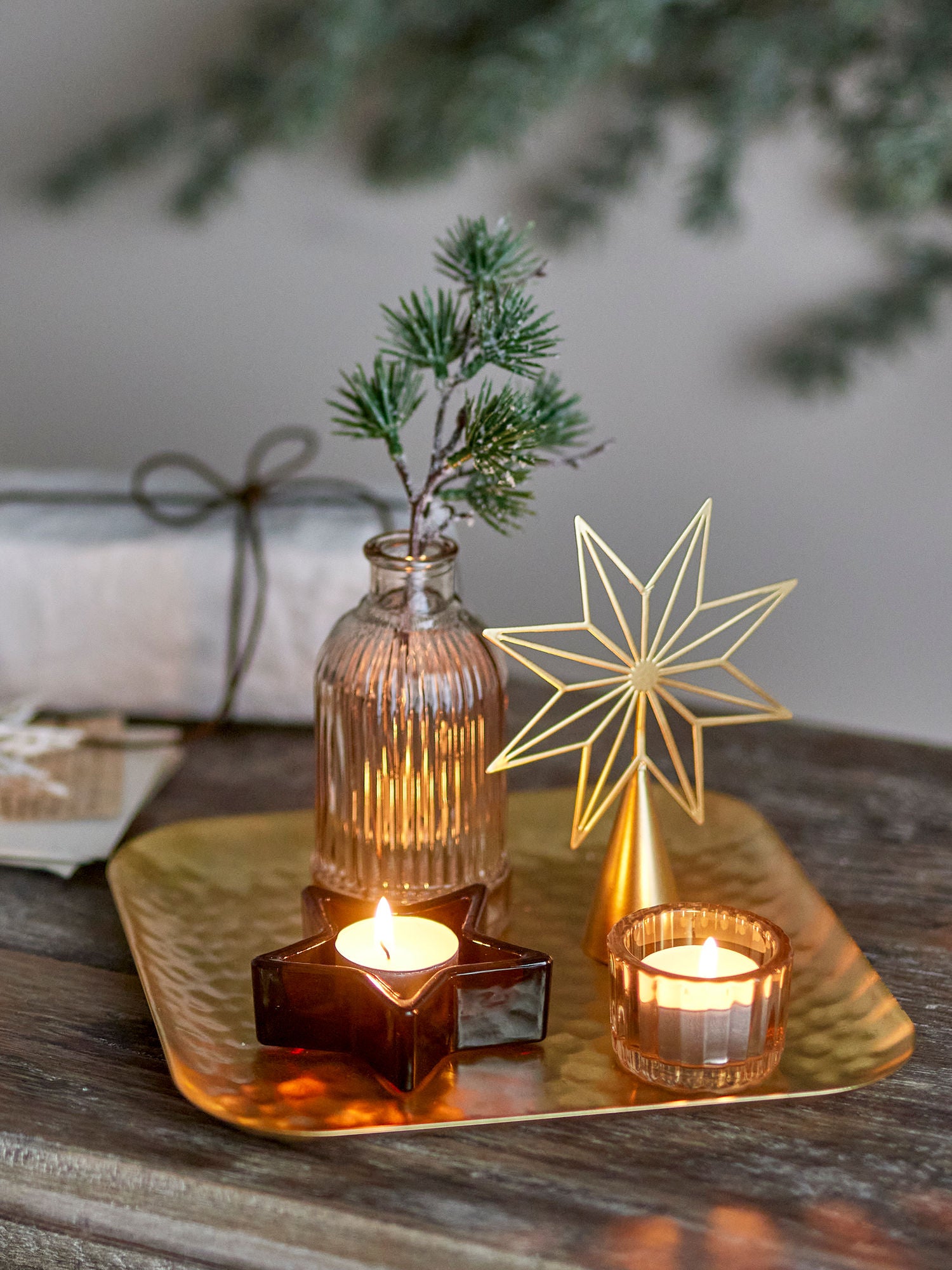 Bloomingville Sanga tray w/pine fate, gold, glass