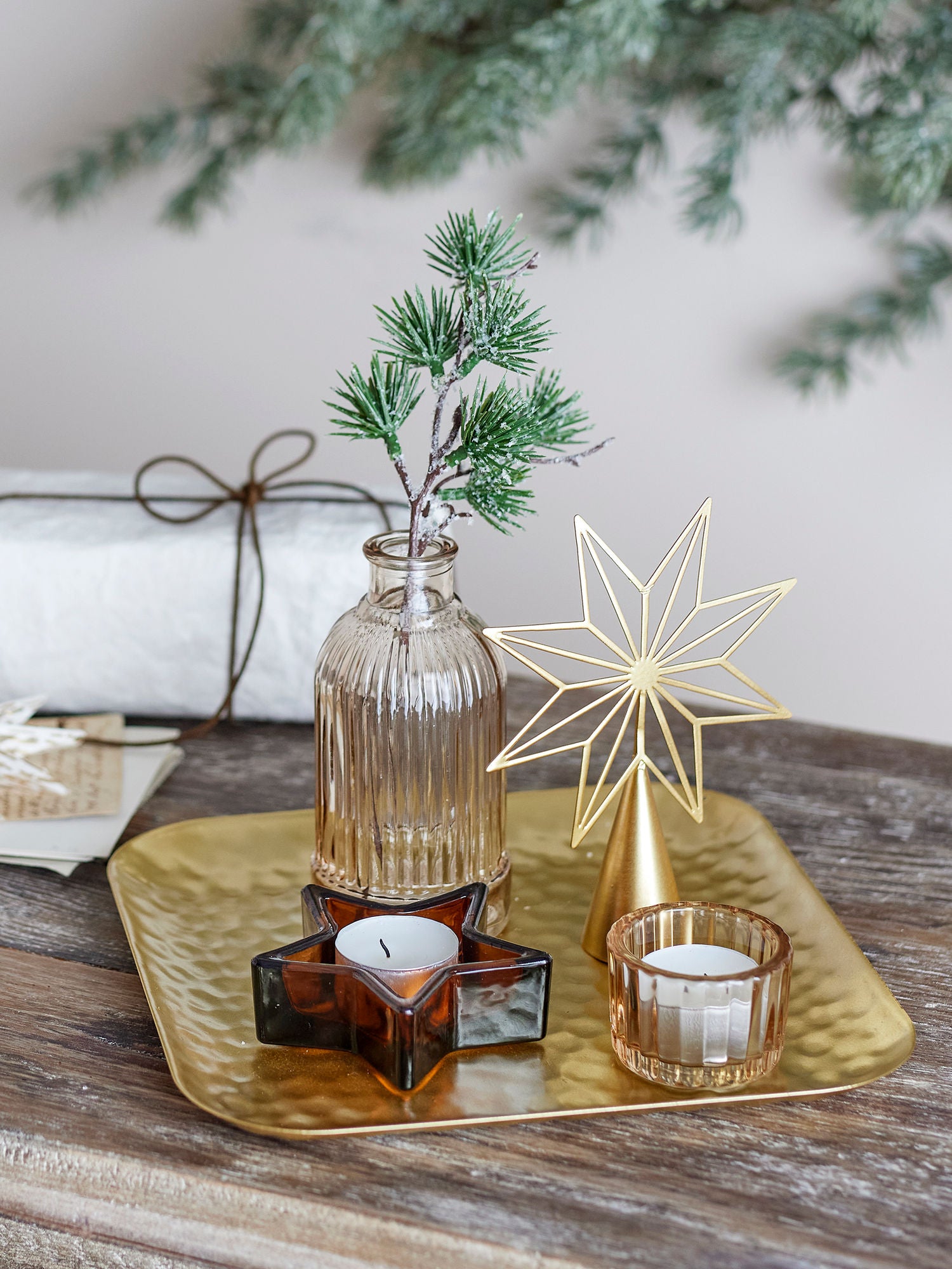 Bloomingville Sanga tray w/pine fate, gold, glass