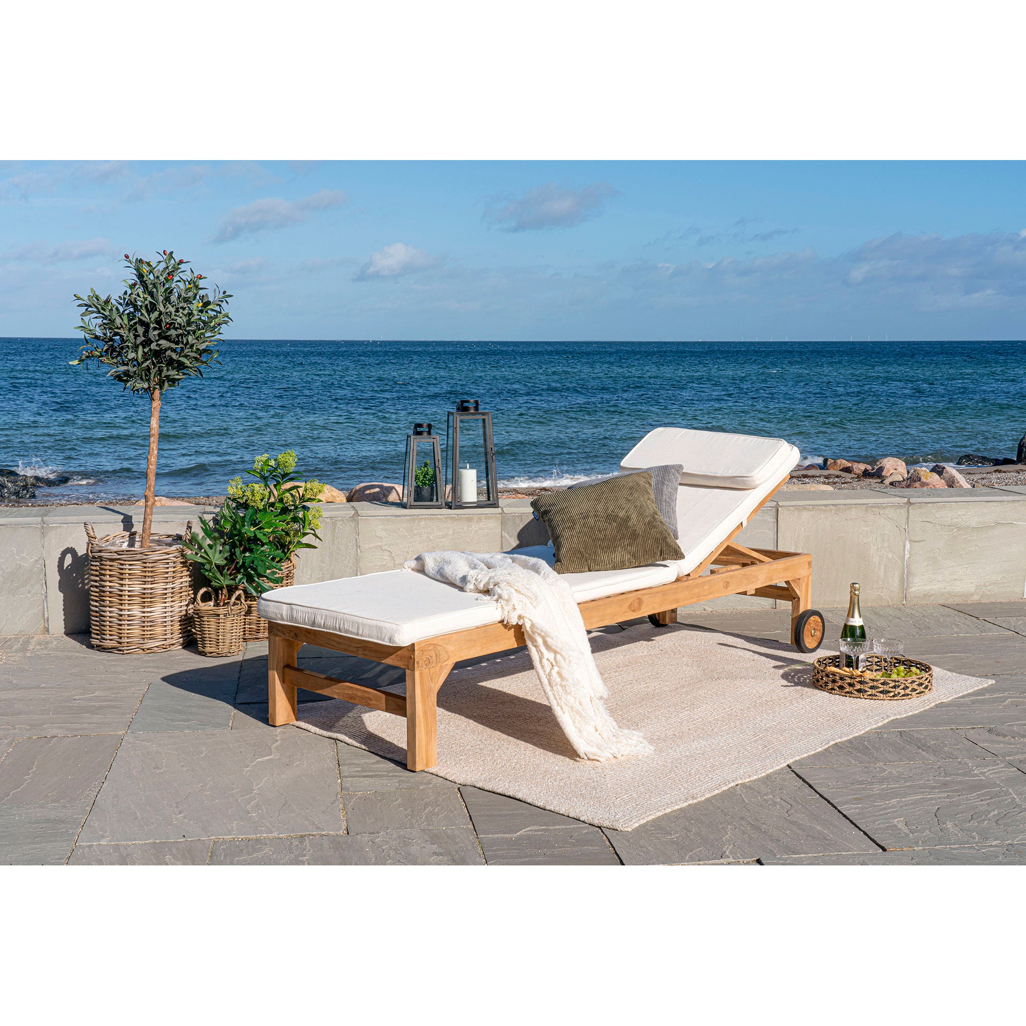 Andorra solar trolley with solar trolley cushion - solar trolley with solar trolley cushion, teak/cotton, nature/white