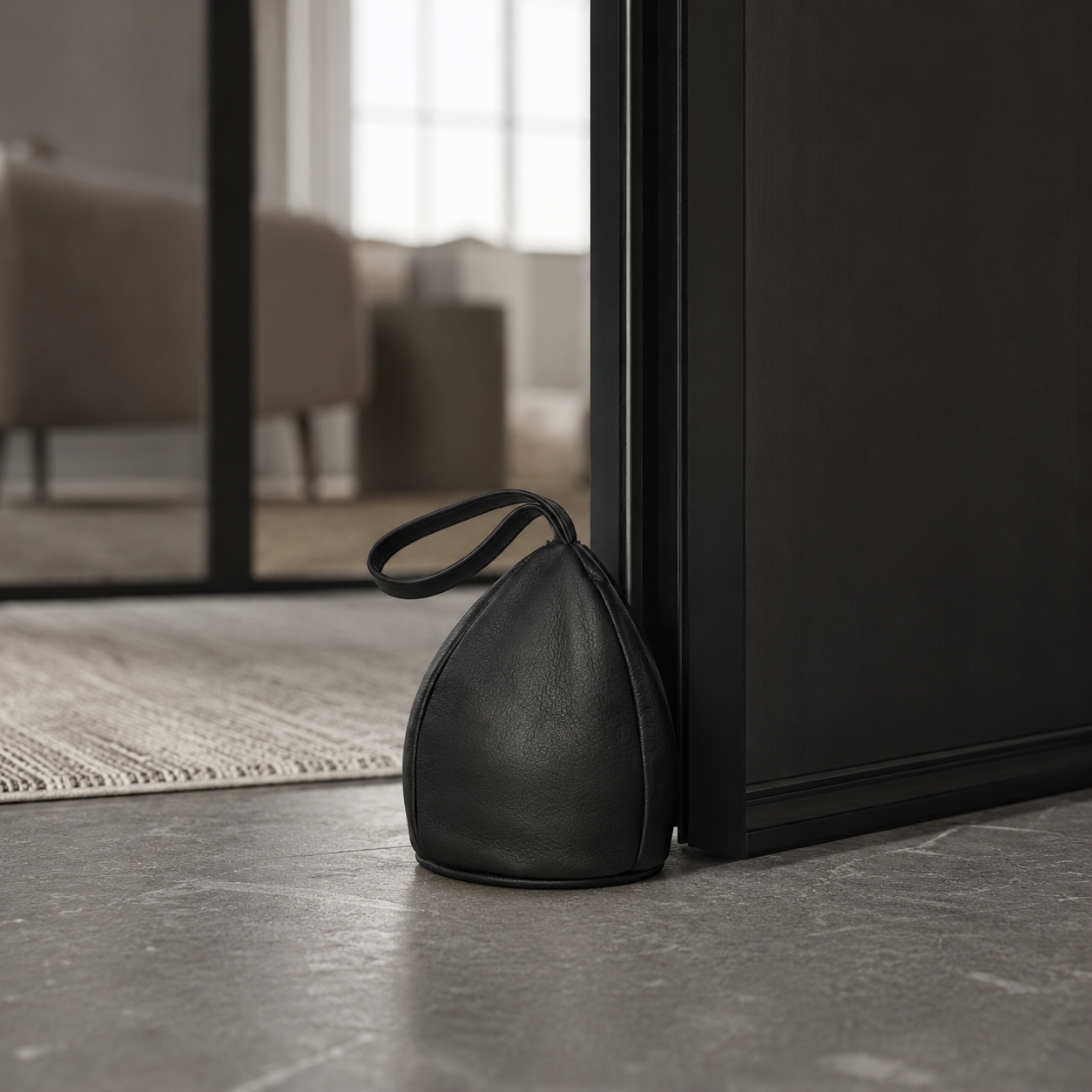 Door stopper in leather - drop-shaped model black