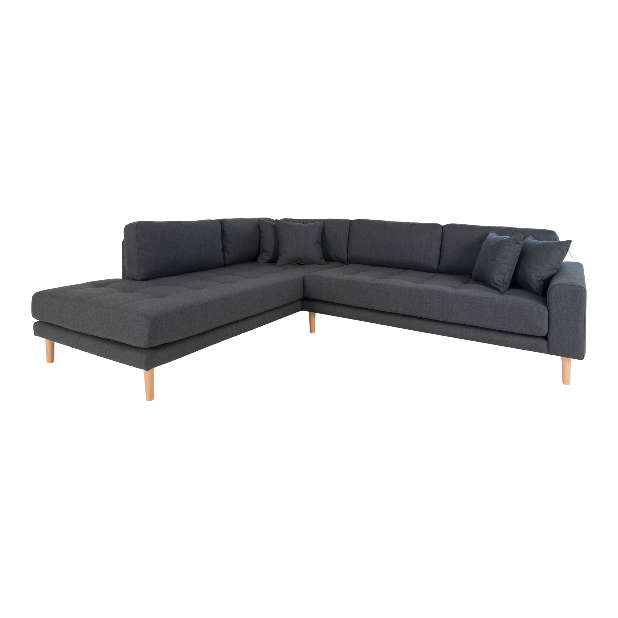 Lido Corner sofa Open End - Corner sofa Open End, left -wing in dark gray with four pillows and nature wooden legs, HN1002