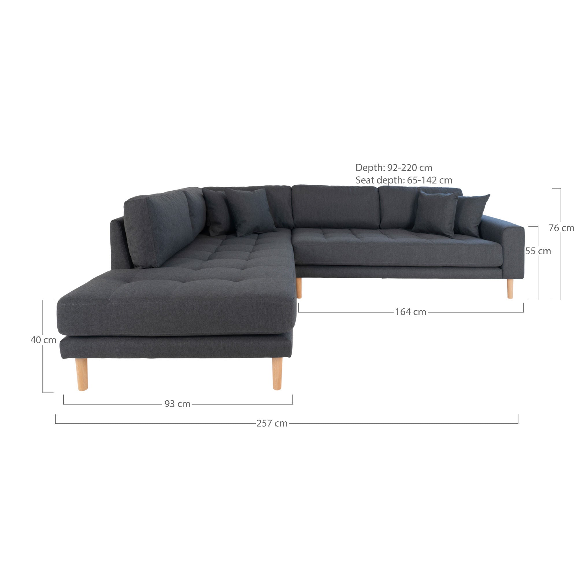 Lido Corner sofa Open End - Corner sofa Open End, left -wing in dark gray with four pillows and nature wooden legs, HN1002