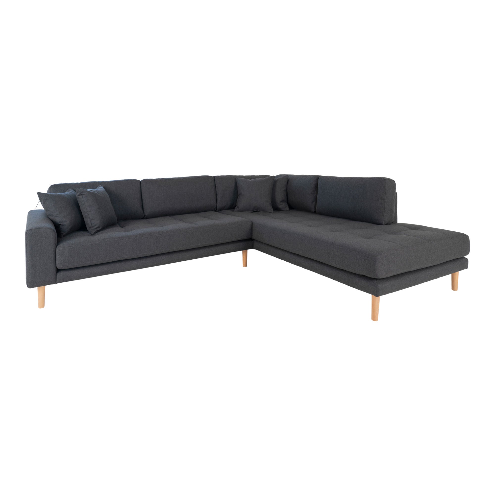 Lido Corner sofa Open End - Corner sofa Open End, right -wing in dark gray with four pillows and nature wooden legs, HN1002