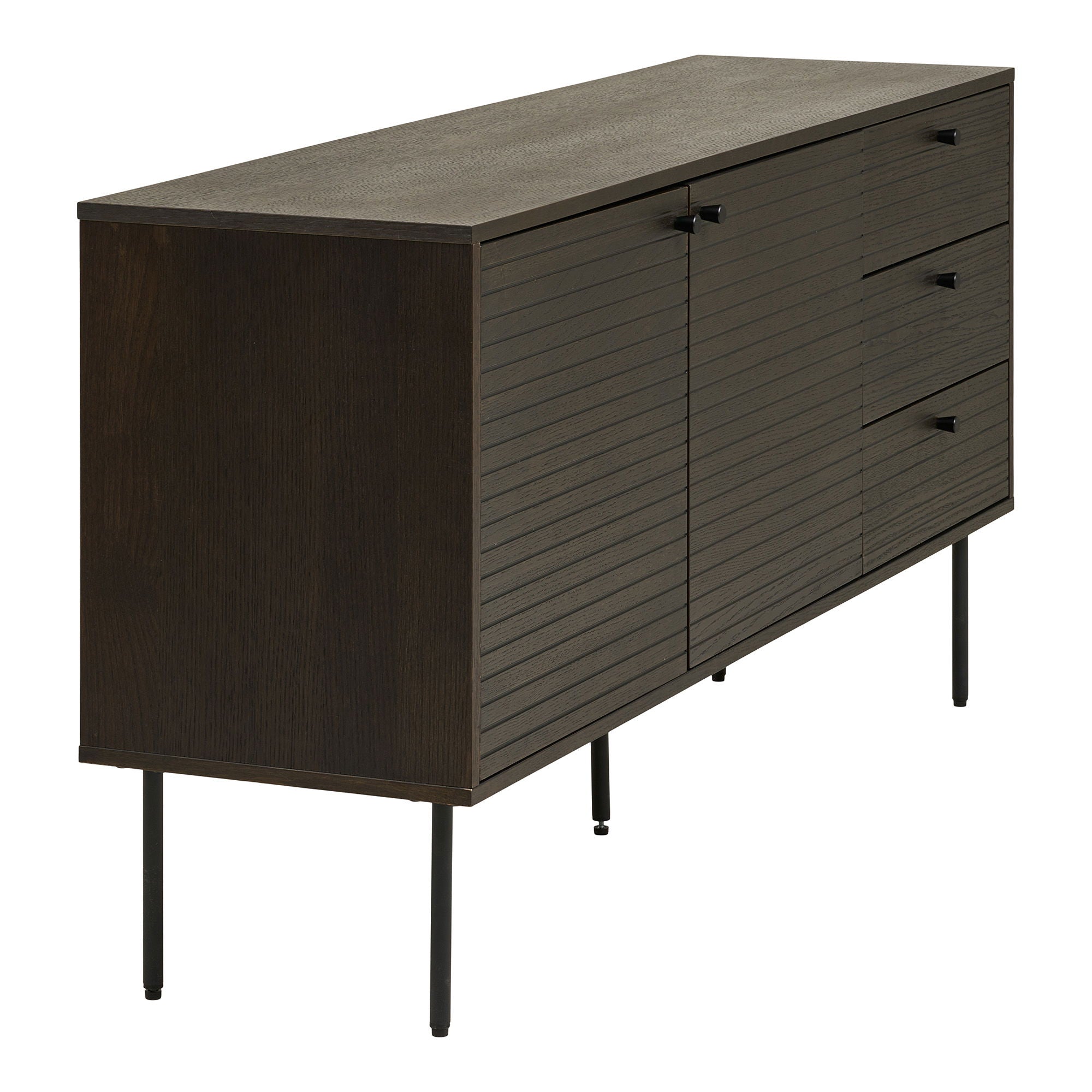Kyoto sideboard - sideboard, 3 drawers, 2 doors, oak veneer, smoked, black metal legs, 150x40x74 cm