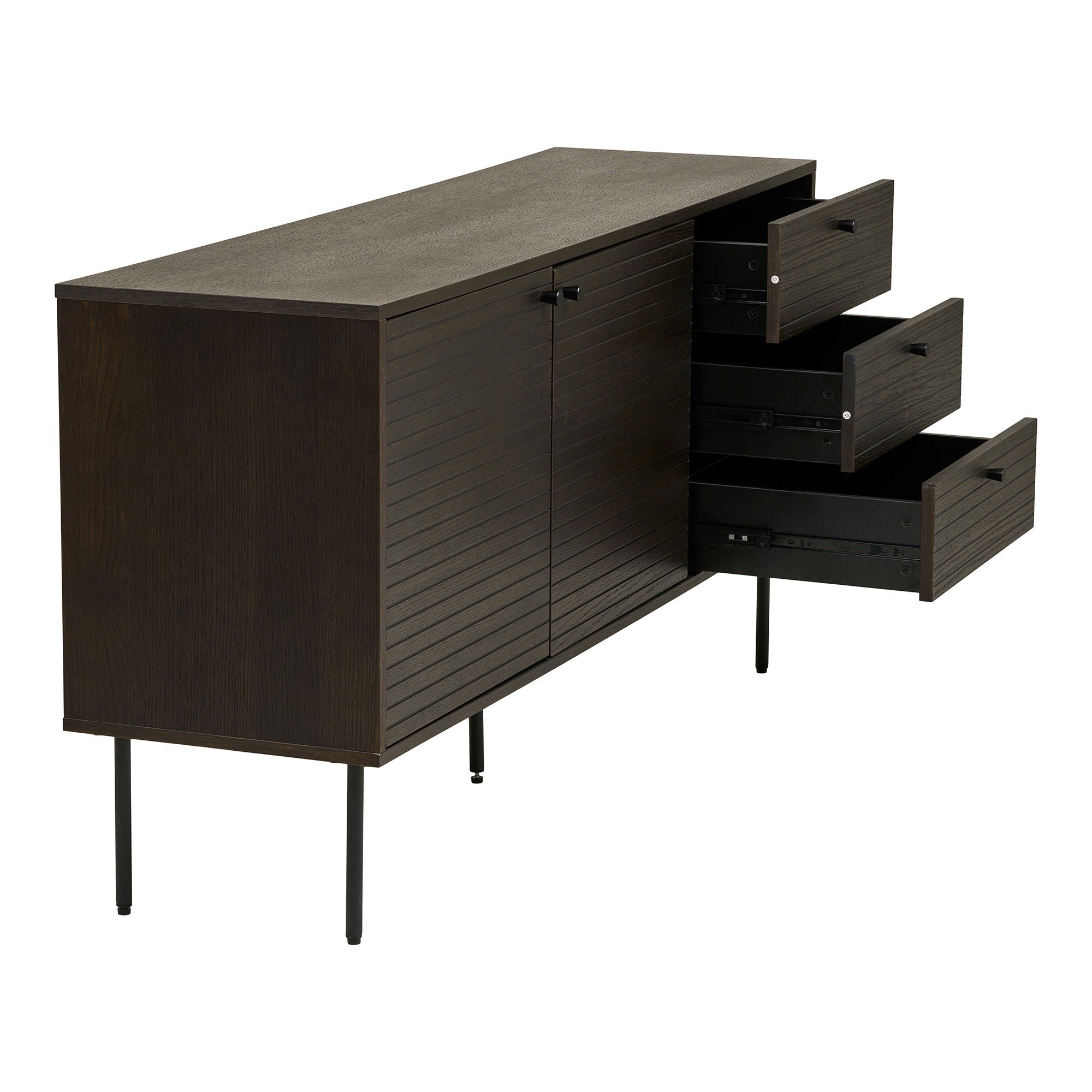 Kyoto sideboard - sideboard, 3 drawers, 2 doors, oak veneer, smoked, black metal legs, 150x40x74 cm