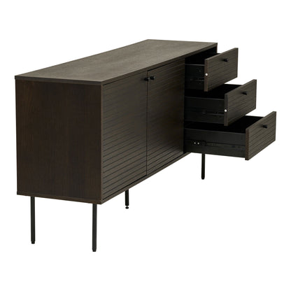 Kyoto sideboard - sideboard, 3 drawers, 2 doors, oak veneer, smoked, black metal legs, 150x40x74 cm