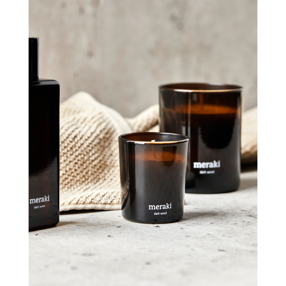 Scented candles, dark wood., Brown