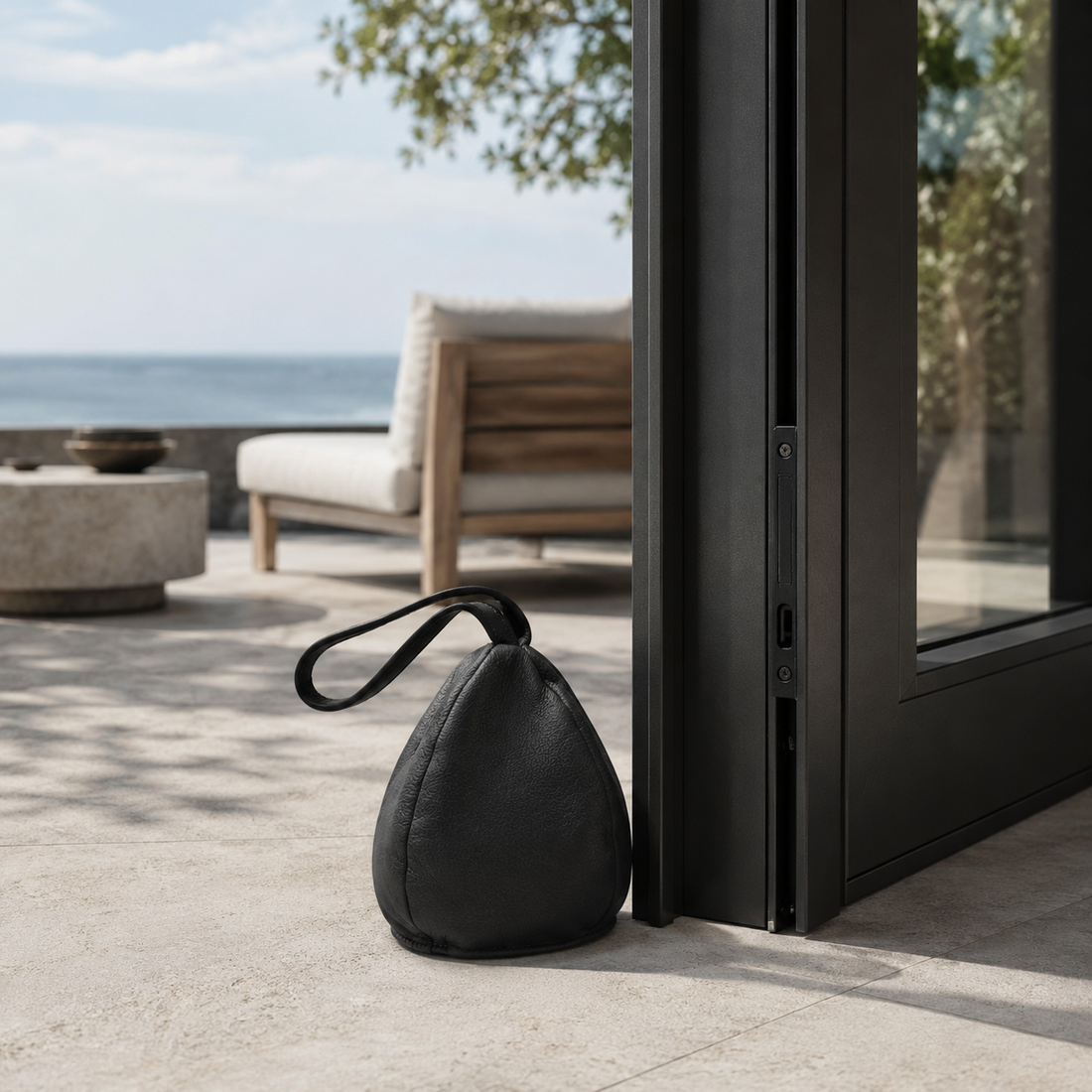 Door stopper in leather - drop-shaped model black