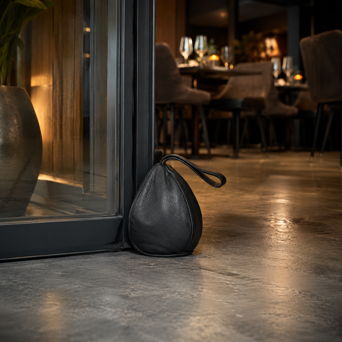 Door stopper in leather - drop-shaped model black