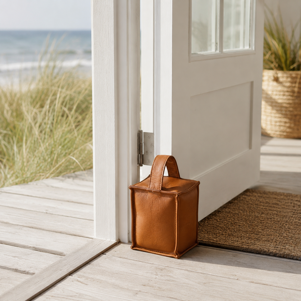 Door stopper in leather - square model cognac