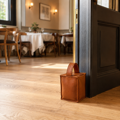 Door stopper in leather - square model cognac