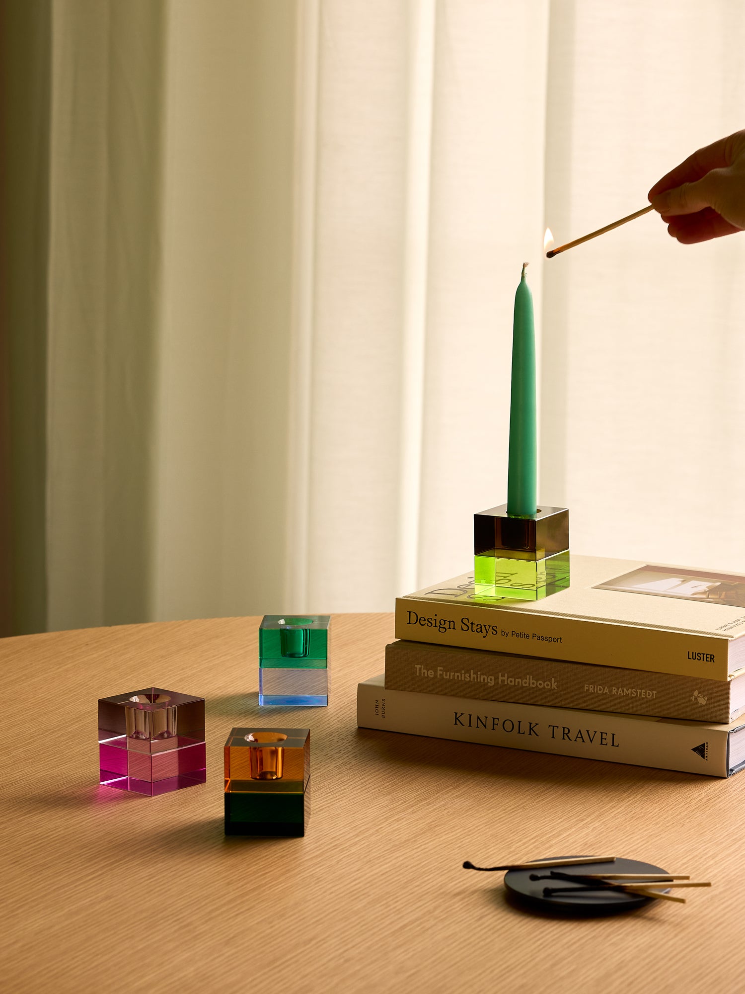 Block Candlesticks Brown/Green &amp; Grey/Pink (set of 2) - 5x5h6cm