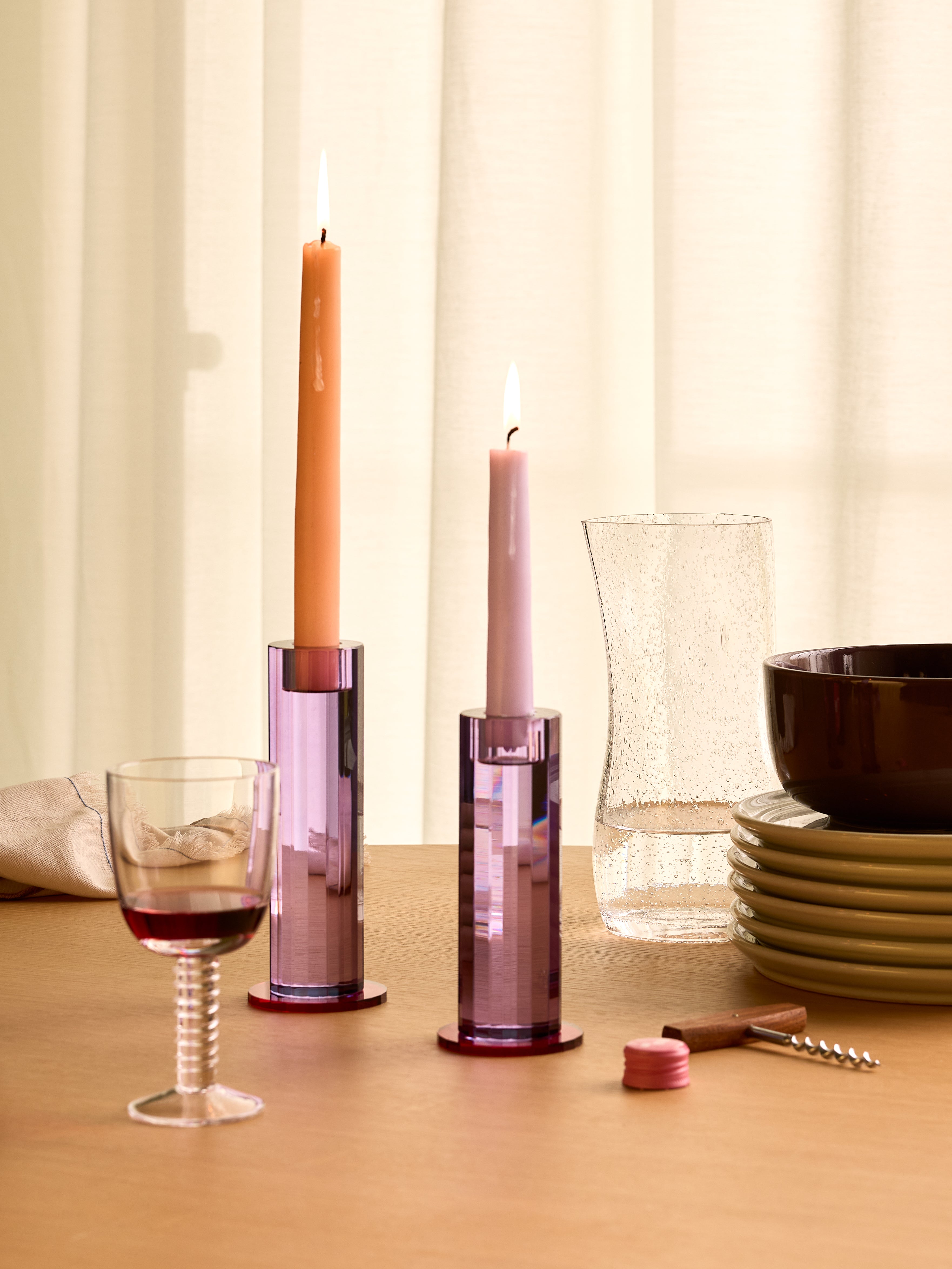 Cut Candlesticks Purple (set of 2) - ø7xh16cm, ø7xh18cm