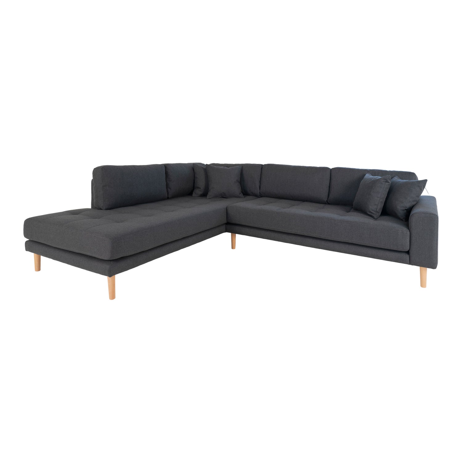 Lido Corner sofa Open End - Corner sofa Open End, left -wing in dark gray with four pillows and nature wooden legs, HN1002