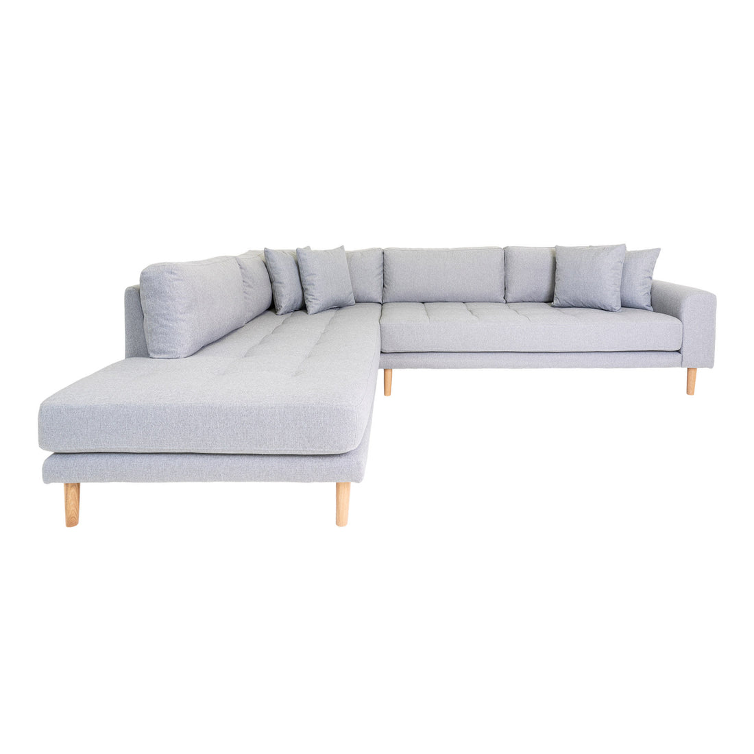 Lido Corner sofa Open End - Corner sofa Open than, left -wing in light gray with four pillows and nature wooden legs, HN1001 - 1 - pcs