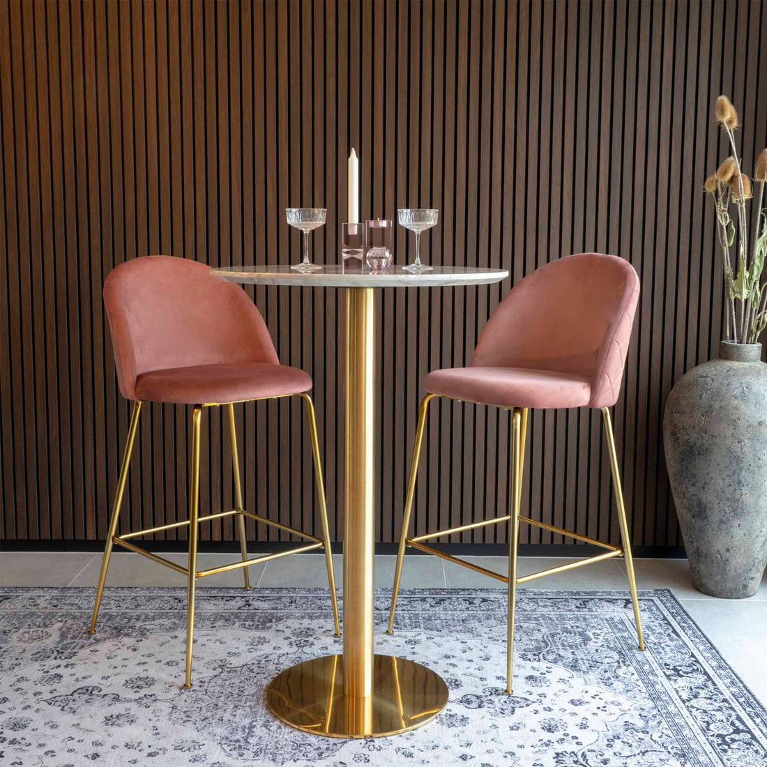 Lausanne bar chair - bar stool in pink velor with legs in brass look HN1214 - 2 - pcs