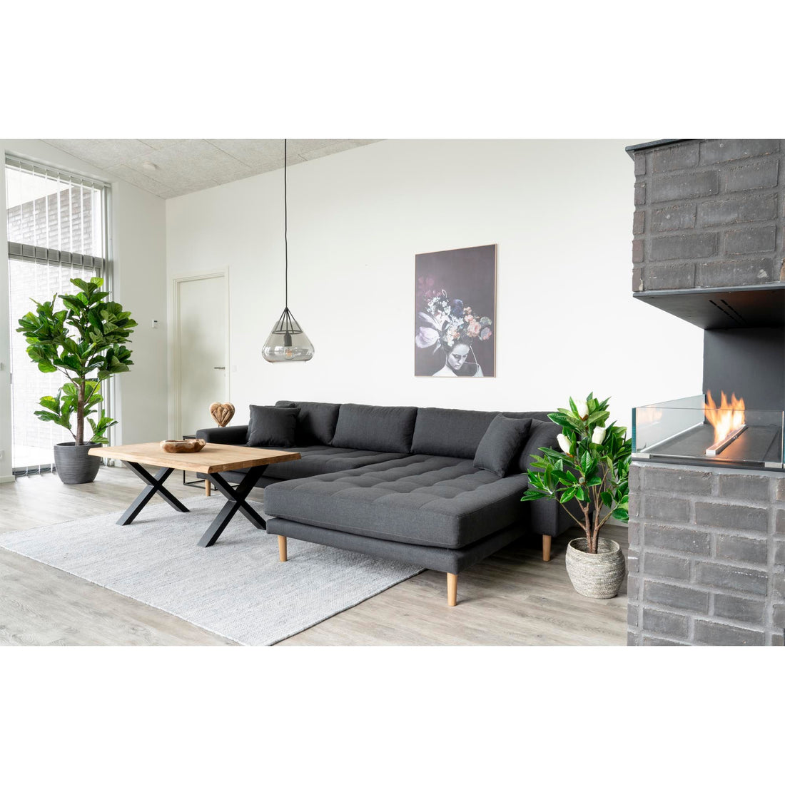 Lido Lounge Sofa - Lounge Sofa, right -wing in dark gray with four pillows and nature wooden legs, HN1002 - 1 - pcs