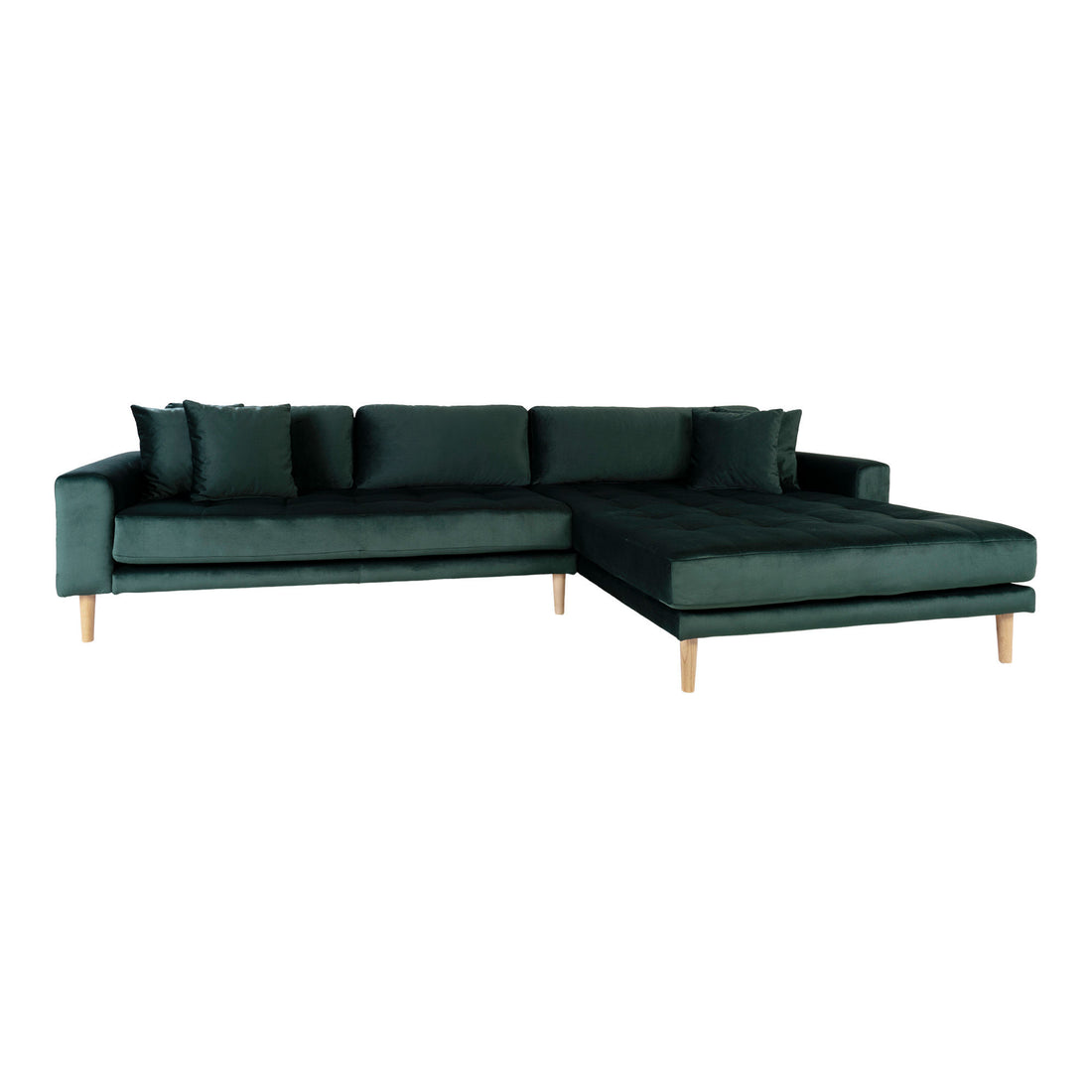 Lido Lounge Sofa - Lounge Sofa, right -wing Velor, Dark Green with Four Pillows and Nature Wooden Ben, HN1006 - 1 - Pcs