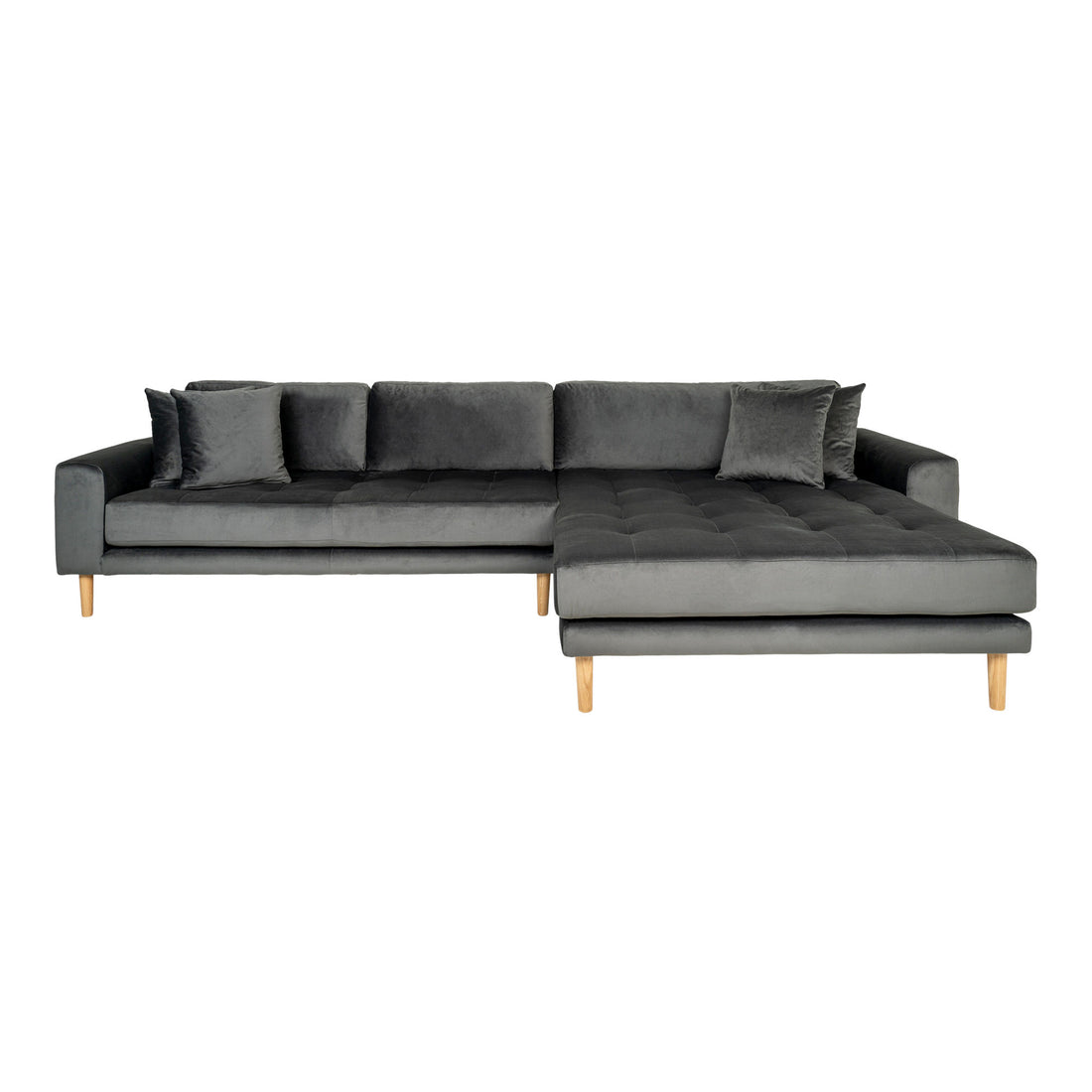 Lido Lounge Sofa - Lounge Sofa, right -wing in velor, dark gray with four pillows and nature wooden legs, HN1013 - 1 - pcs