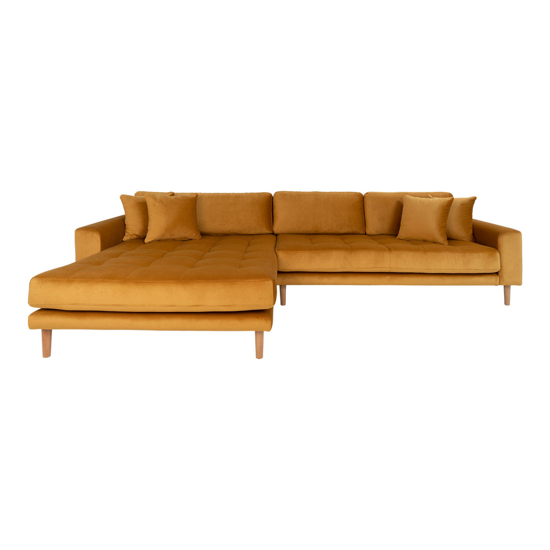 Lido Lounge Sofa - Lounge Sofa, Left In Velor, Sustaine Yellow with Four Pillows and Nature Wooden Ben, HN1004 - 1 - Pcs