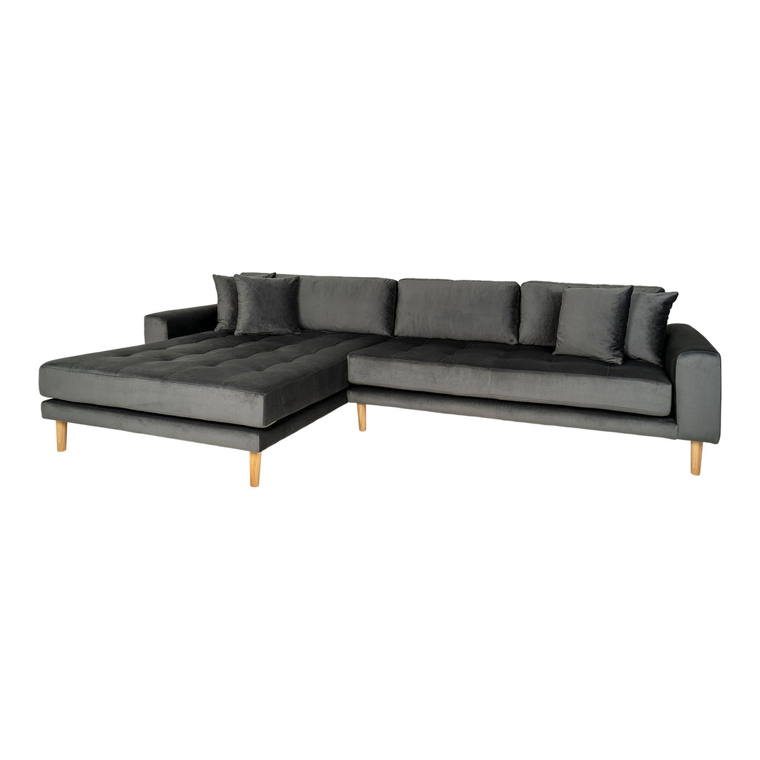 Lido Lounge Sofa - Lounge Sofa, left -wing in velor, dark gray with four pillows and nature wooden legs, HN1013 - 1 - pcs
