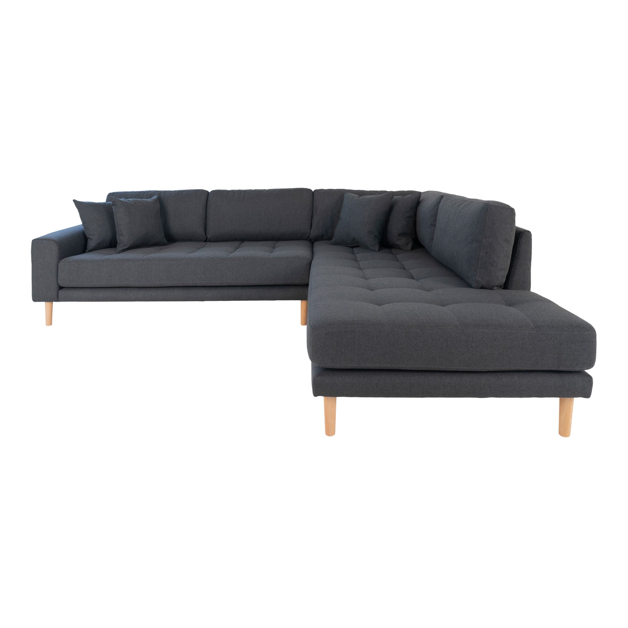 Lido Corner sofa Open End - Corner sofa Open End, right -wing in dark gray with four pillows and nature wooden legs, HN1002