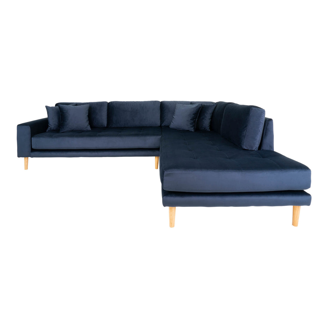 Lido Corner sofa Open End - Corner sofa Open end in velor, right -wing in blue with four pillows and nature wooden legs, HN1005 - 1 - pcs