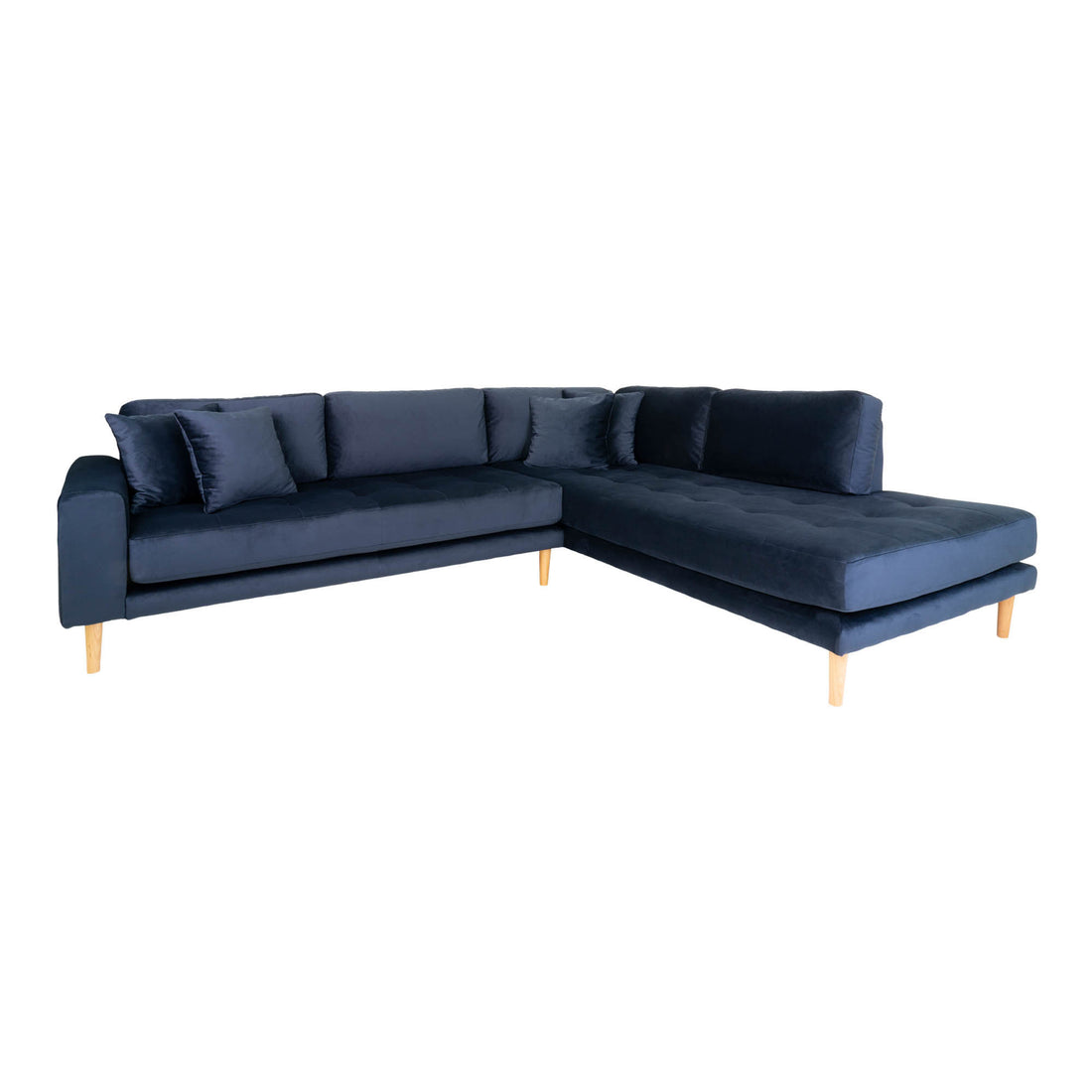 Lido Corner sofa Open End - Corner sofa Open end in velor, right -wing in blue with four pillows and nature wooden legs, HN1005 - 1 - pcs