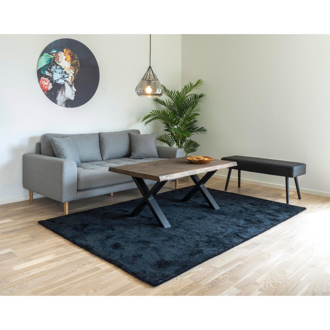 Lido 2.5 -person sofa - 2.5 person sofa in velor, dark blue with two pillows and nature wooden legs, HN1005 - 1 - pcs