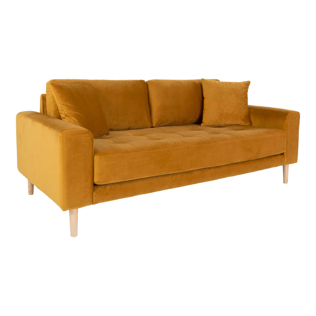 Lido 2.5 -person sofa - 2.5 -person sofa in velor, mustard yellow with two pillows and nature wooden legs, HN1004 - 1 - pcs