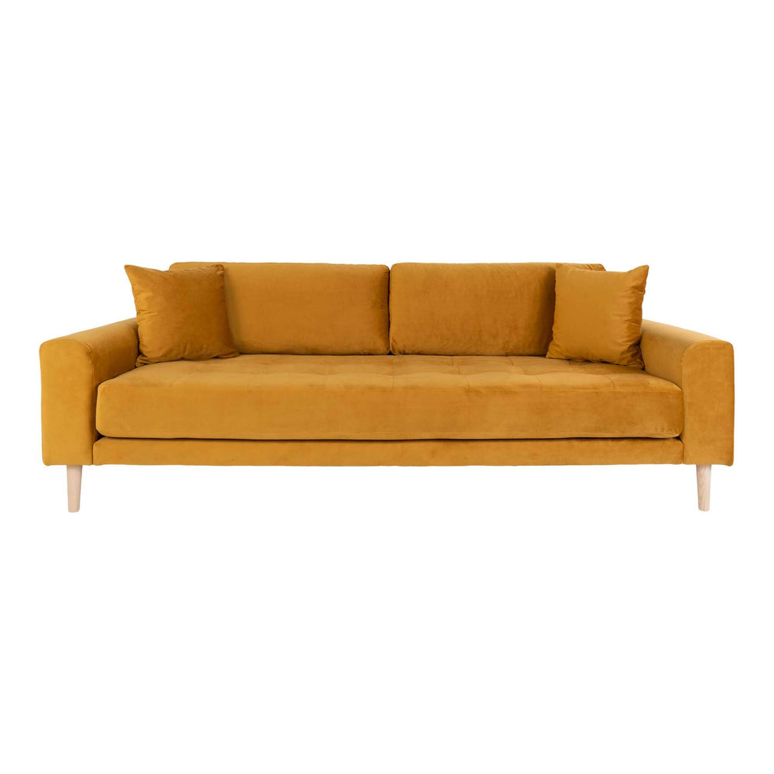 Lido 3 person sofa - 3 person sofa in velor, mustard yellow with two pillows and nature wooden legs, HN1004 - 1 - pcs