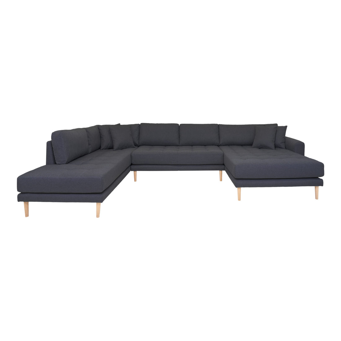 Lido U -sofa Open end - U -sofa open end, right -wing in dark gray with four pillows and nature wooden legs, HN1002 - 1 - pcs