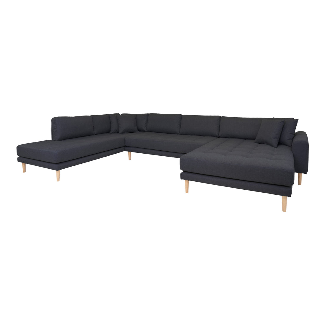 Lido U -sofa Open end - U -sofa open end, right -wing in dark gray with four pillows and nature wooden legs, HN1002 - 1 - pcs