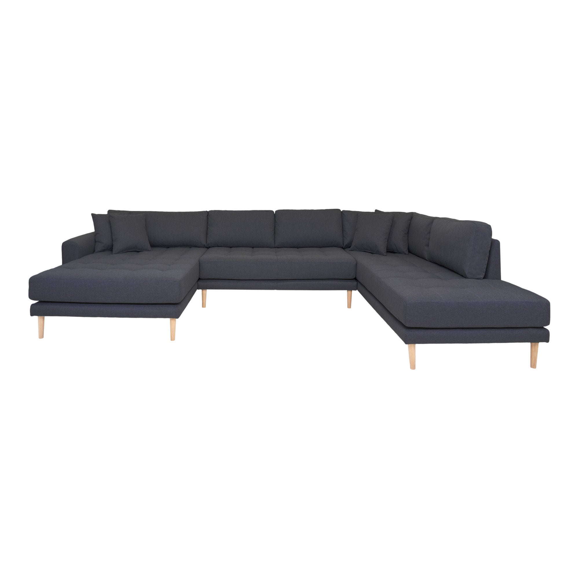 Lido U-Sofa Open End-U-sofa Open End, left-wing in dark gray with four pillows and nature wooden legs, HN1002