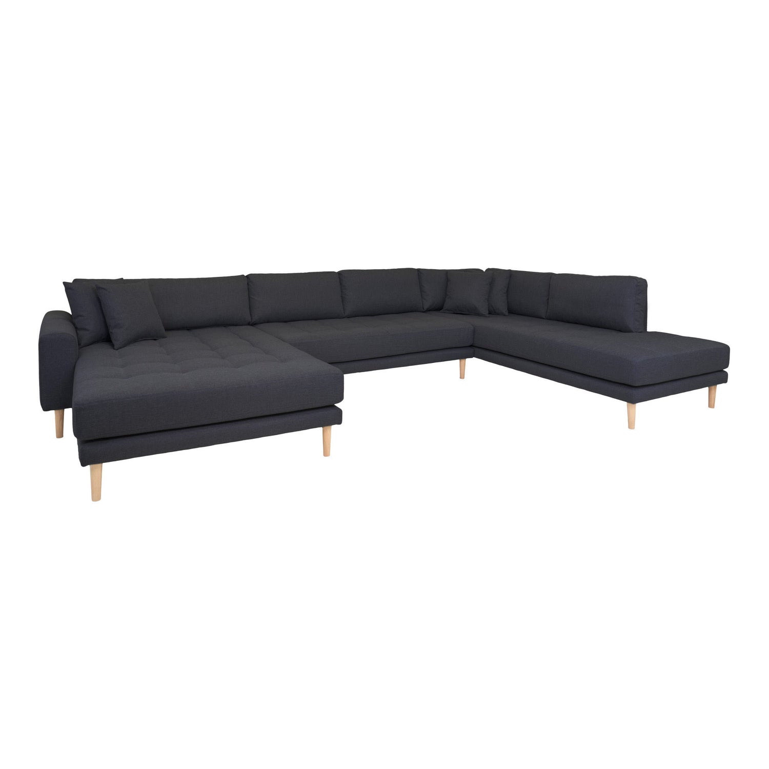 Lido U-Sofa Open End-U-sofa Open End, left-wing in dark gray with four pillows and nature wooden legs, HN1002