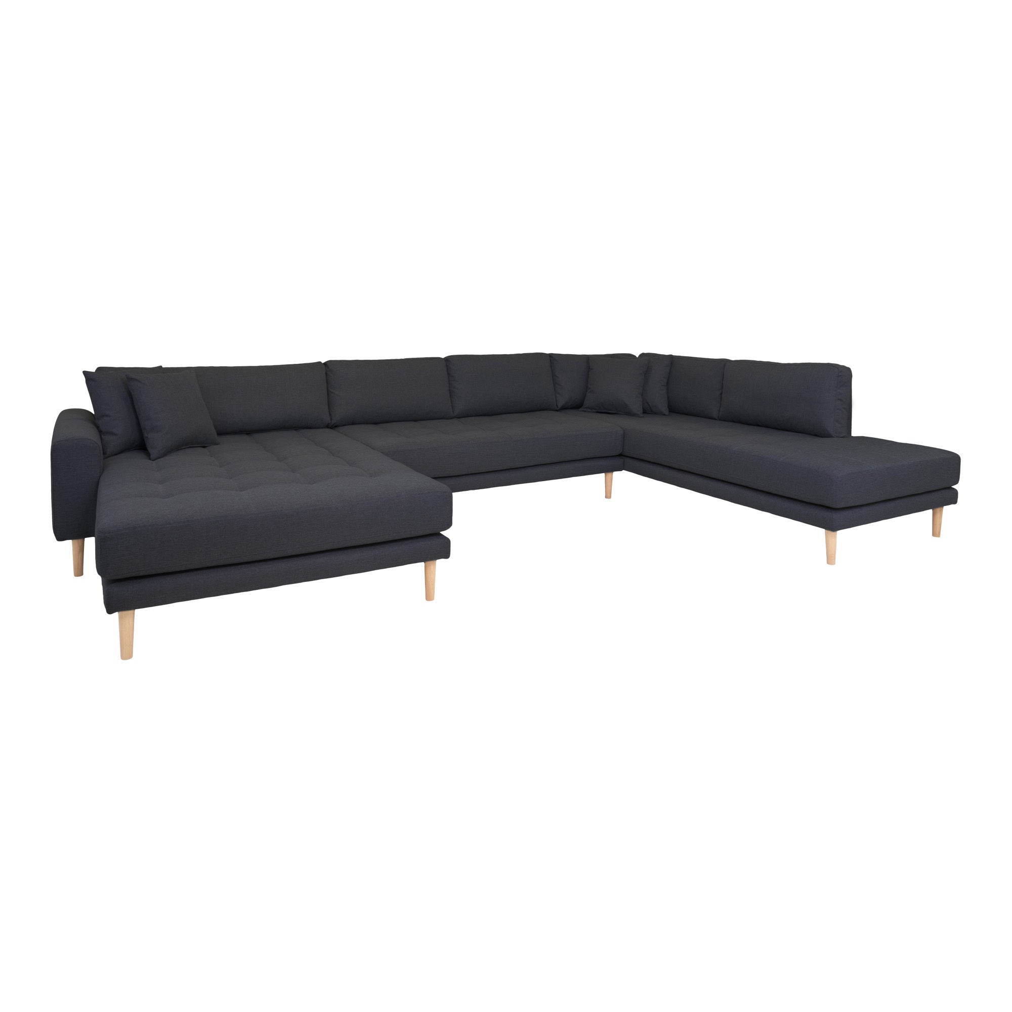 Lido U-Sofa Open End-U-sofa Open End, left-wing in dark gray with four pillows and nature wooden legs, HN1002
