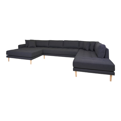 Lido U-Sofa Open End-U-sofa Open End, left-wing in dark gray with four pillows and nature wooden legs, HN1002