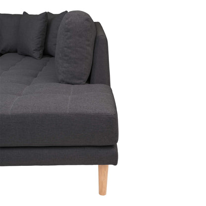 Lido U-Sofa Open End-U-sofa Open End, left-wing in dark gray with four pillows and nature wooden legs, HN1002
