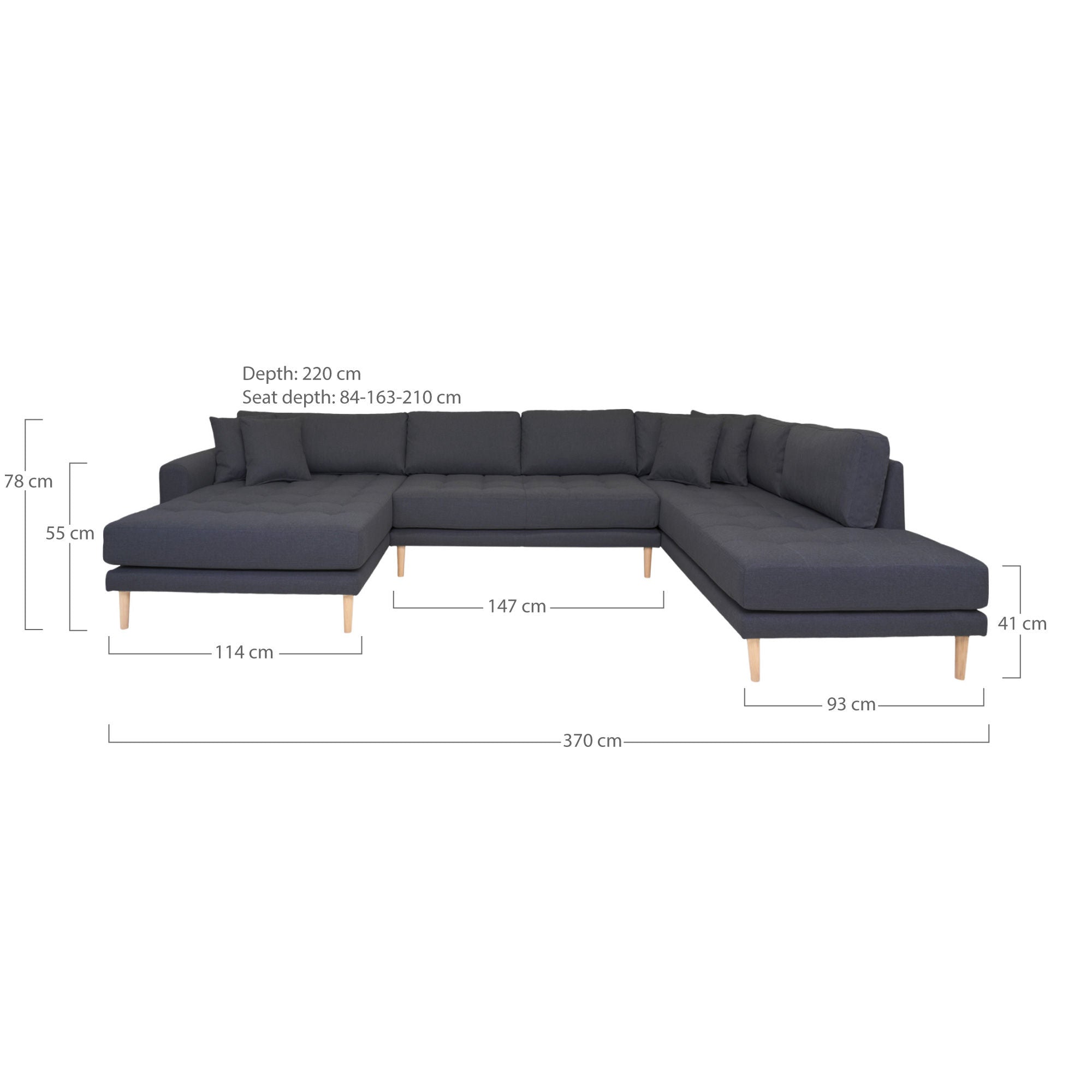 Lido U-Sofa Open End-U-sofa Open End, left-wing in dark gray with four pillows and nature wooden legs, HN1002