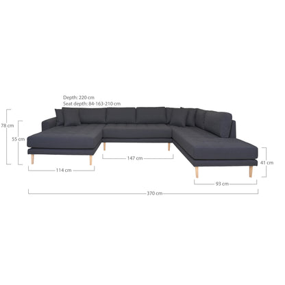 Lido U-Sofa Open End-U-sofa Open End, left-wing in dark gray with four pillows and nature wooden legs, HN1002