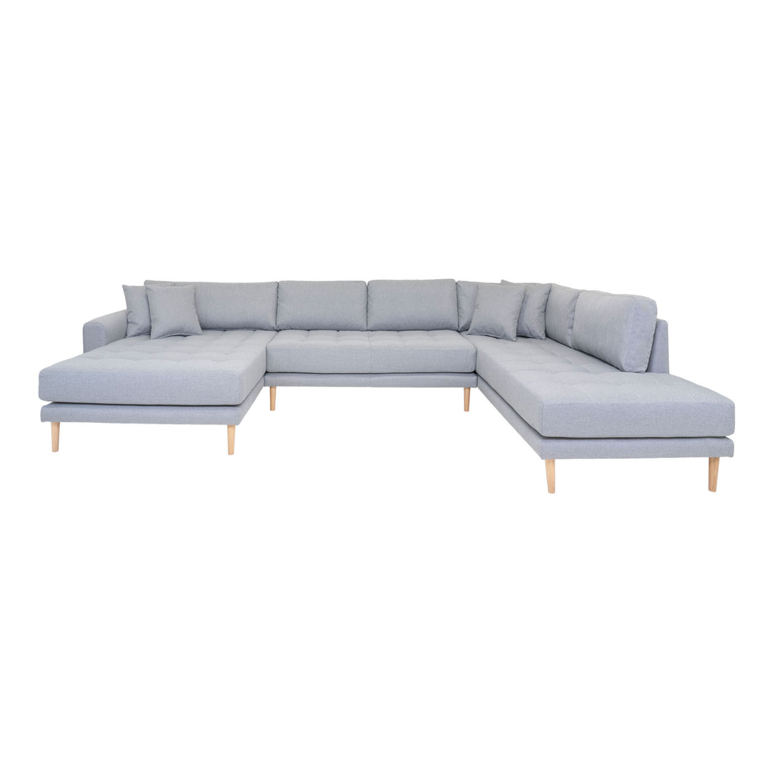 Lido U -sofa Open End - U -sofa Open end in fabric, left -wing in light gray with four pillows and nature wooden legs, HN1001 - 1 - pcs