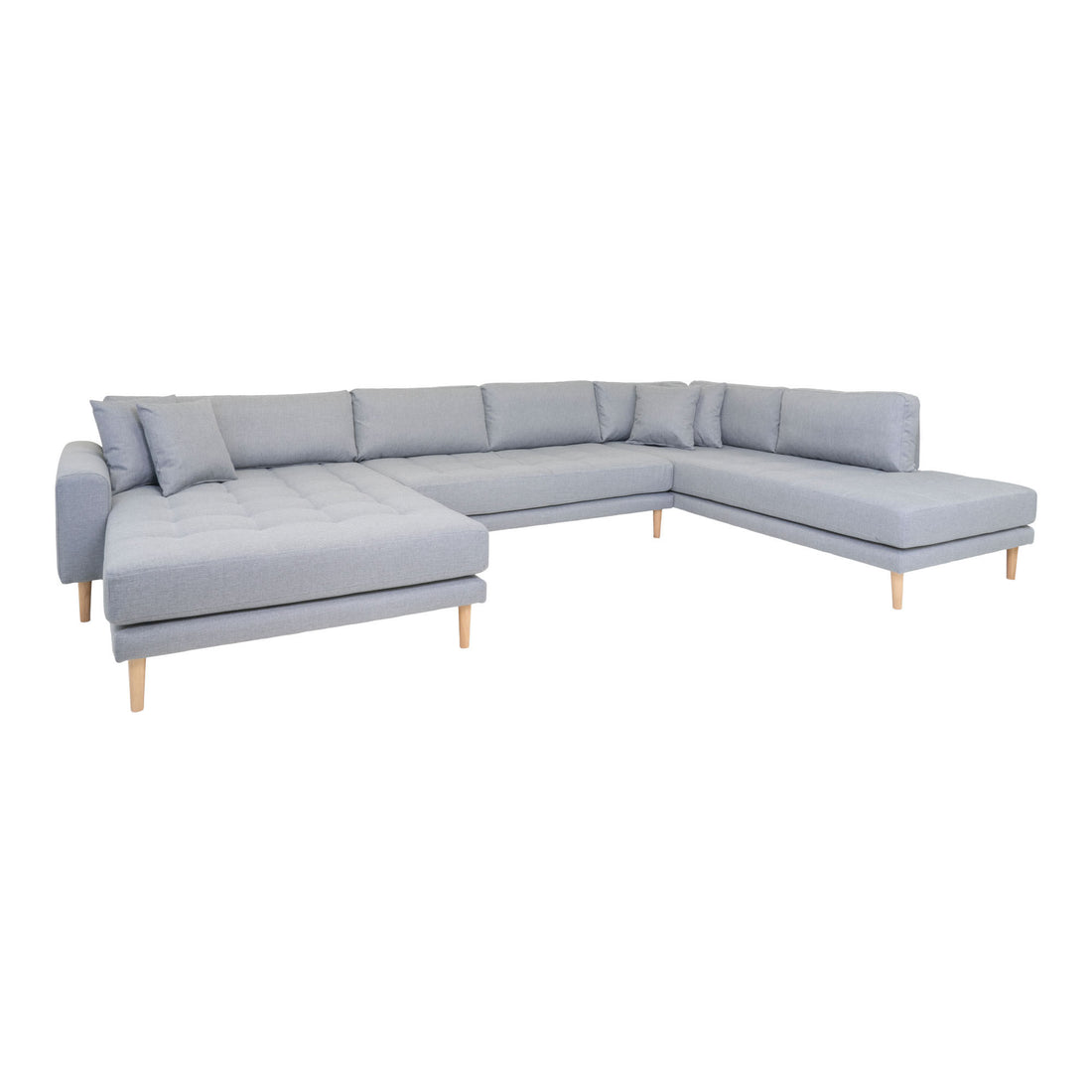 Lido U -sofa Open End - U -sofa Open end in fabric, left -wing in light gray with four pillows and nature wooden legs, HN1001 - 1 - pcs